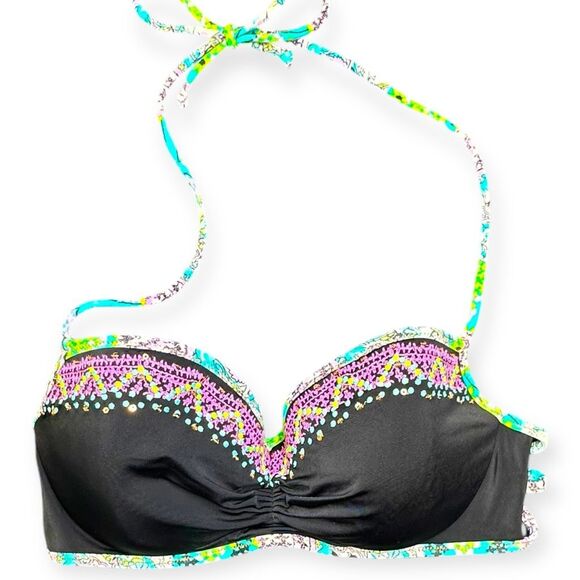 VICTORIA’S SECRET Women’s Black Beaded Push-Up Halter Bikini Top 34C - Picture 2 of 6